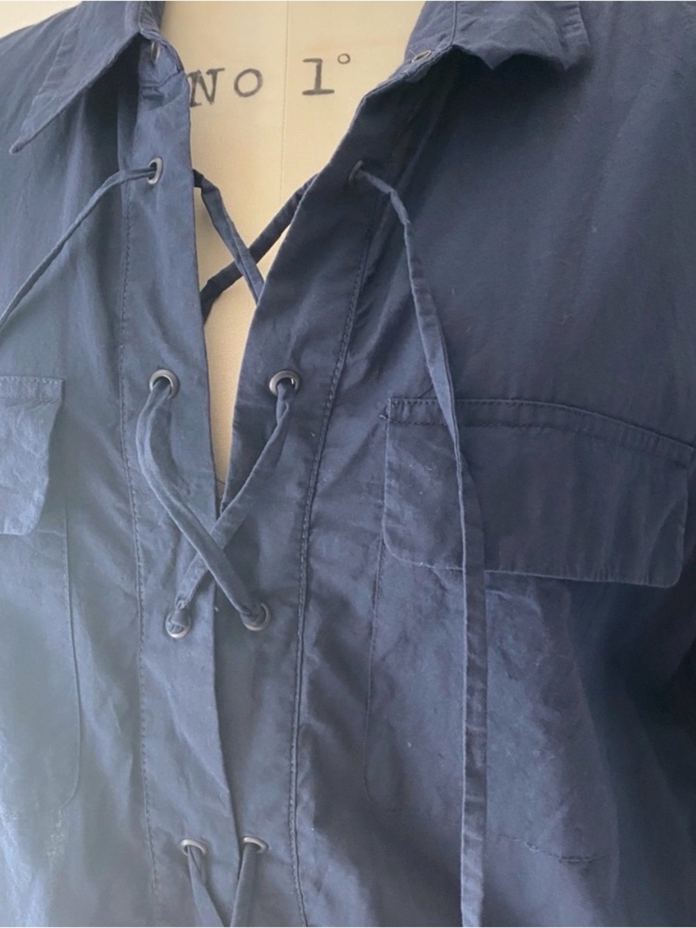 Equipment like New Navy Lace-Up Short Sleeve Mini Dress flap pockets, navy L - Picture 6 of 11